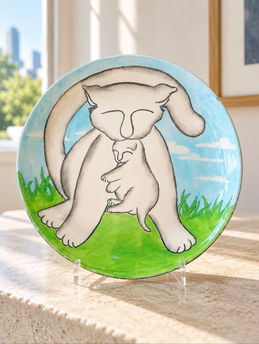 Vintage Signed Studio Pottery Cat Kitten 12" Hand Painted Ceramic Plate